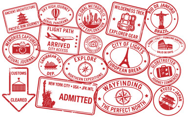 Vintage global travel passport stamp collection with international destinations landmarks airplanes and exploration symbols for tourism, vacation and world travel design