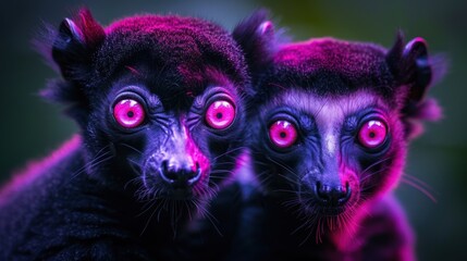 Fototapeta premium Two lemurs, black fur and pink eyes, close up, vibrant lighting and a blurry green background