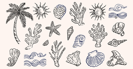 Hand drawn beach and ocean illustration set with palm tree sun shells coral and waves in vintage line art style, beach, ocean, tropical, summer, illustration © Vintage studio