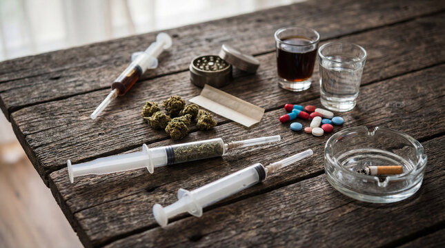 Powdery drug, syringes, pills, and alcohol glasses on dark wood table. Items suggest drug abuse, addiction, and dangerous lifestyle. Substance use scene includes brown liquid drinks.