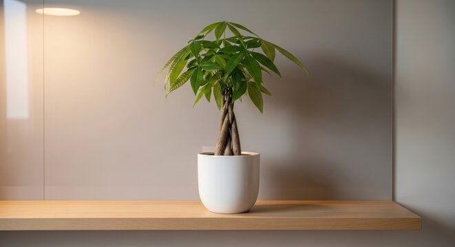 Money tree plant in a white pot on a wooden shelf against a gray wall. Indoor botanical decoration for home or office interior design. Minimalist modern lifestyle and nature concept.