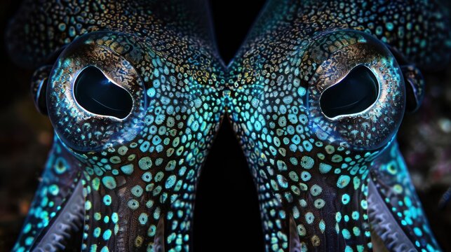 Symmetrical close-up of an octopus's eyes and textured skin, vibrant blue and turquoise hues