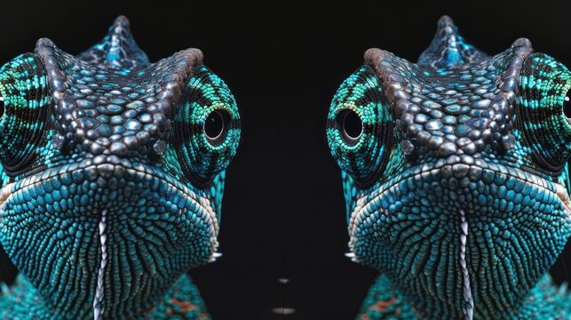 Symmetrical close-up of two blue and green chameleons mirrored against a dark background
