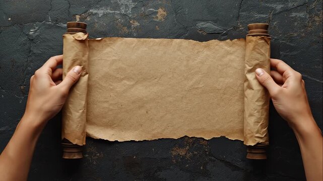 Hands hold an ancient, worn scroll on a dark, textured surface, suggesting discovery or preservation of historical documents