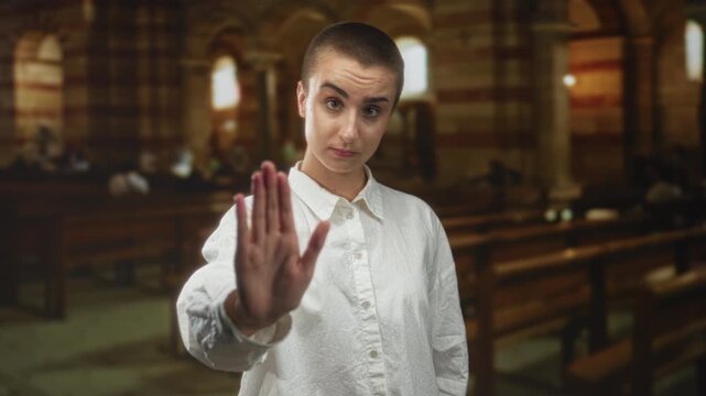 Woman with short hair and white shirt holds hand raised palm forward in a building, making a stop gesture toward viewer; boundary setting defiance.