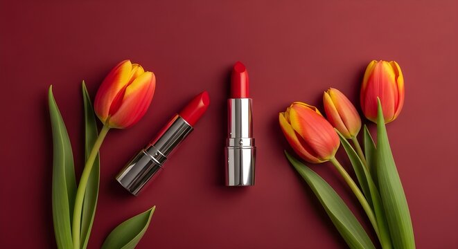 Red Tulips and Luxurious Lipsticks Arranged on a Deep Red Background