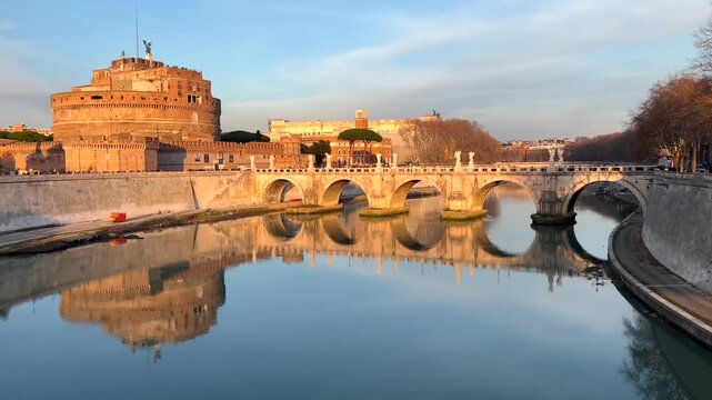 View of the famous Castel Sant'Angelo fortress and bridge over Tiber river