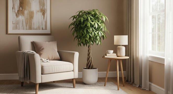 Pachira aquatica plant in white pot next to armchair in cozy living room. Interior design with beige wall and wooden furniture. Home decor concept for relaxing and modern house lifestyle.