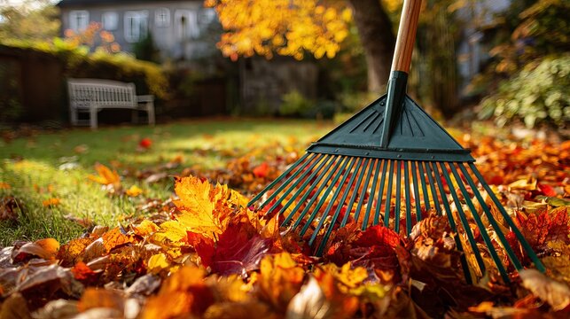 A green rake lies in a pile of fallen autumn leaves on a grassy lawn in front of a house.