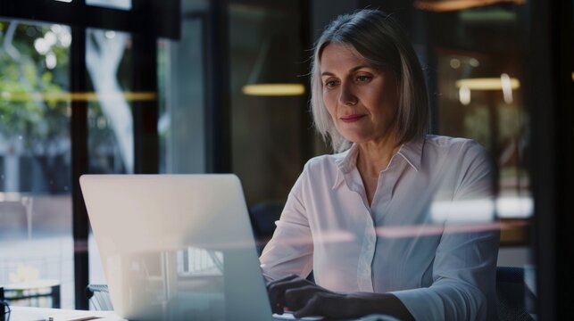 Woman Working Laptop Office Reflection Business