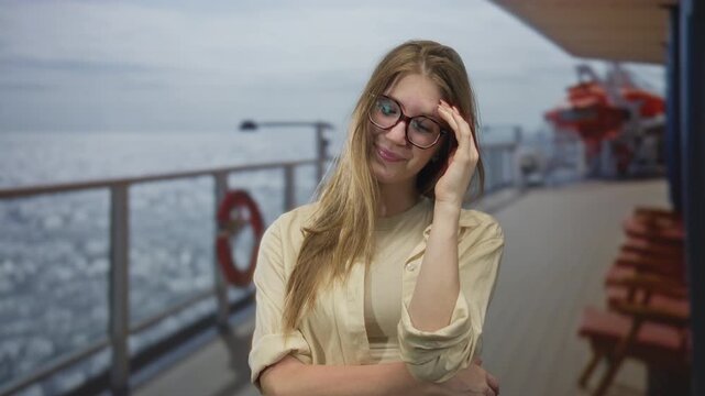 Blonde woman adjusts glasses with hand on forehead on boat deck during a sunny cruise, railing and ocean visible; bashfulness.