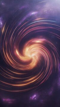 Vibrant orange and purple swirling spiral galaxy in deep space with bright light