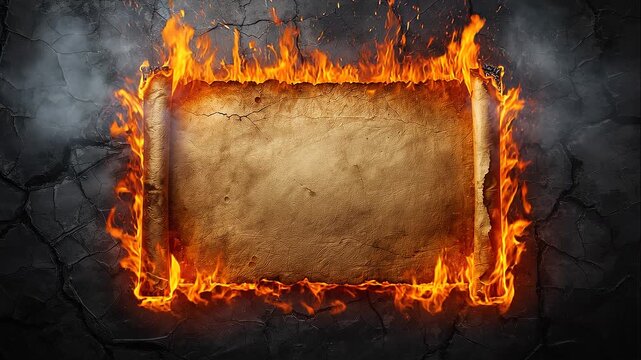 Rectangular scroll with ancient parchment, engulfed in flames, cracked dark background, symbolizing destruction and history