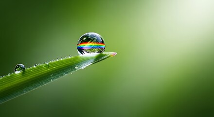 Fototapeta premium Water droplet reflecting rainbow colors on green grass blade with copy space 