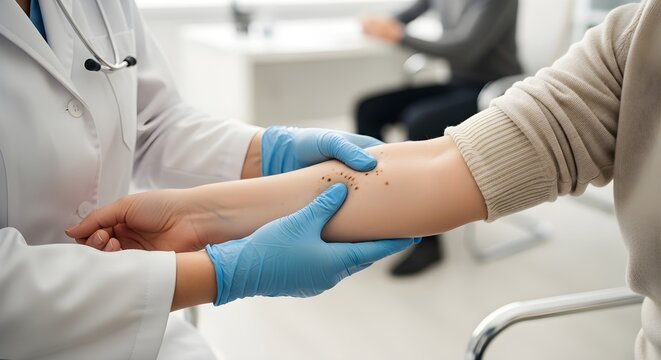 Doctor Examines Patient's Arm For Moles While Patient Sits In Chair