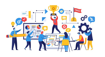 Fototapeta premium Teamwork success, business strategy, project management, winning trophy, collaboration, startup growth