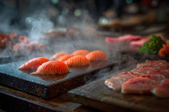 Explore steaming street of Tokyo's fish market sample freshest sushi of delicate sea trout Tsugaru Strait clean professional stock photo sharp macro photography style cinematic realism ultra