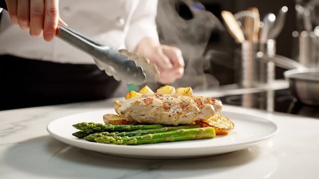 Chef serving seafood with asparagus on plate in kitchen with cooking utensils in background
