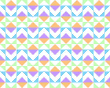 Seamless 1980s Retro Geometric Pattern with Pastel Lavender, Peach, and Mint Triangles
