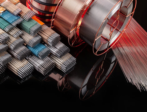 Array of welding electrodes wire coils and straight filler rods. Industrial welding supplies arranged on a reflective black surface with red lighting.