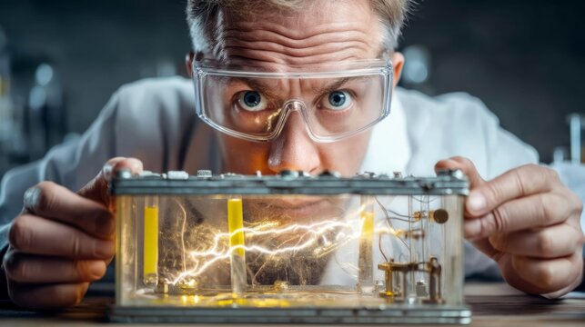 Scientist Observing Glowing Experiment with Caution and Curiosity