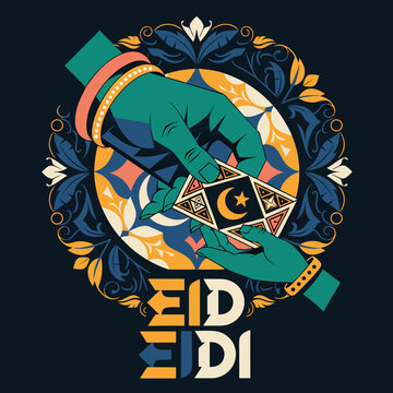 Eid mubarak celebration greeting card illustration featuring hands exchanging eidi money envelope with ornate floral mandala patterns and elegant islamic geometric art