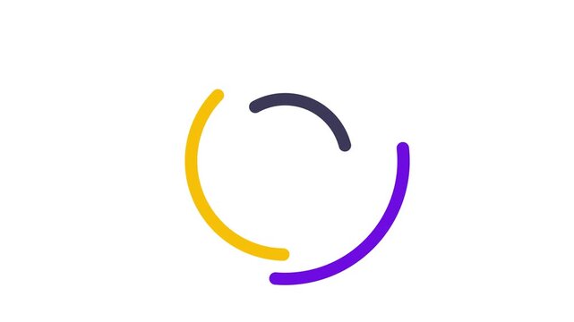 A colorful circular logo design with purple, yellow, and dark gray curved lines