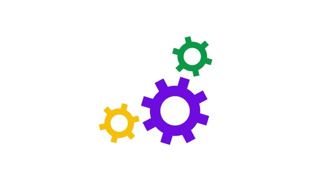 Three colorful gear icons in purple, green, and yellow on white background