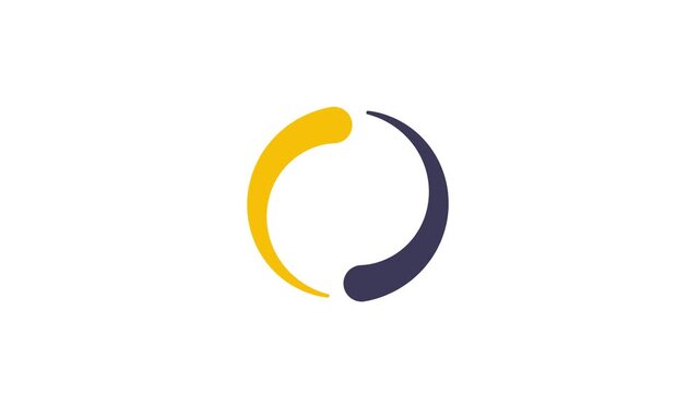 A stylized circular logo with yellow and dark blue curved lines
