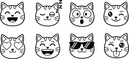 Obraz premium Cute Cat Face Expressions Line Art Icon Set — Outline Doodle Emoji Collection