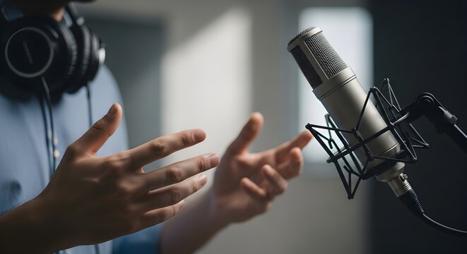 Person Speaking Into a Microphone in a Recording Studio for Audio Production