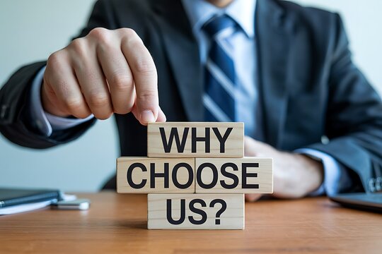 Professional businessman arranging wooden blocks with Why Choose Us on an office desk
