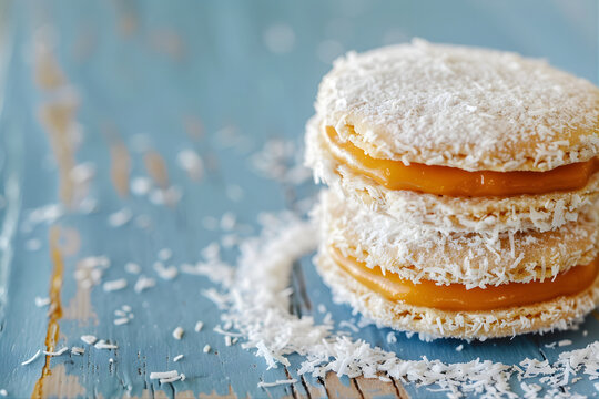 Traditional Alfajores with Dulce de Leche and Coconut on Rustic Copy Space