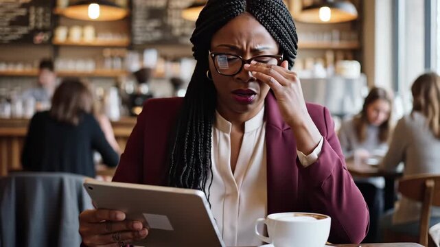Woman Experiencing Stress While Using Tablet in a Coffee Shop for Mental Health Awareness, Articles, Blogs, and Social Media Content