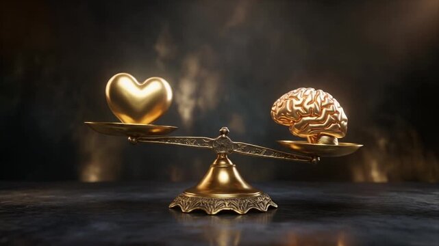 Golden balance scale with heart and brain on plates, indoors, symbolizing emotions vs logic, on a reflective surface with blurred background