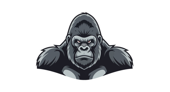 Detailed vector illustration of a fierce gorilla head mascot with intense red eyes and a scowling expression, featuring muscular shoulders and grayscale fur texture, isolated.
