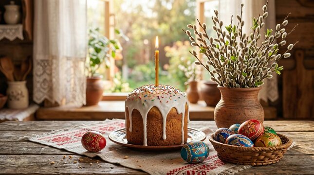 Traditional Easter cake with a burning candle, painted eggs and pussy willow on a wooden table