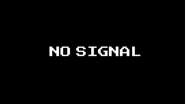 Retro television screen displaying a pixelated 'NO SIGNAL' message, indicating a broadcast interruption or technical error on a classic monitor display