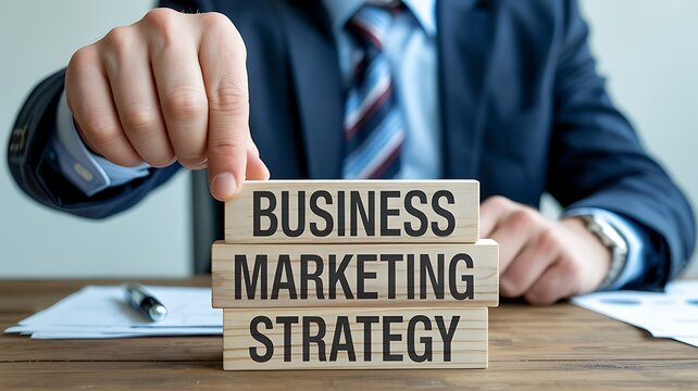Professional hand arranges wooden blocks spelling BUSINESS MARKETING STRATEGY on a corporate office desk