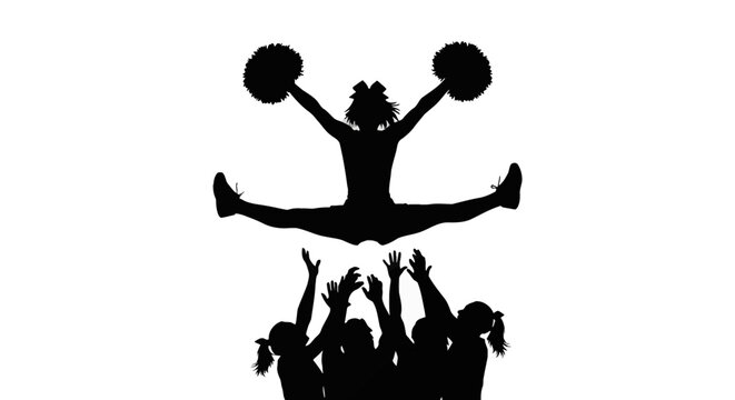 Silhouette of a cheerleader performing a toe touch jump in the air after being tossed by a team of cheerleaders, holding pom-poms and wearing a hair bow on a white background.