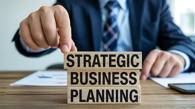 Professional hand completes the formation of Strategic Business Planning using wooden blocks