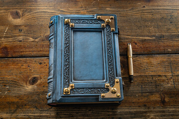 vintage leather book on the wooden table 