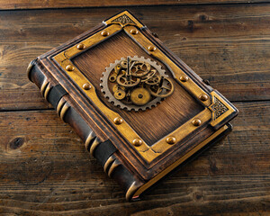 vintage leather book on the table with gears in central part of the cover 