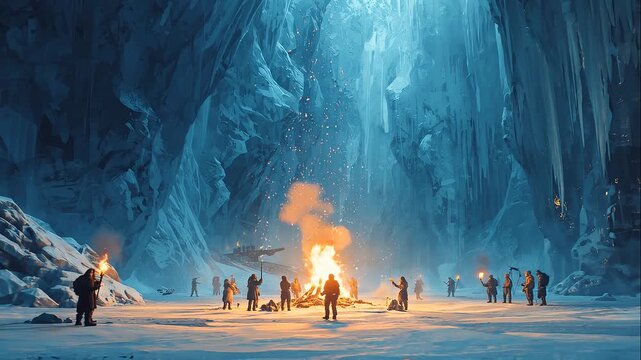 A group of explorers gathered around a campfire inside a vast icy cave, with towering blue ice walls and misty atmosphere