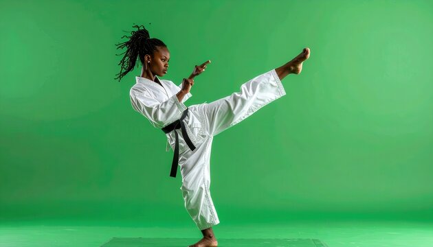Young Black Woman Performing Martial Arts Kick in White Gi.