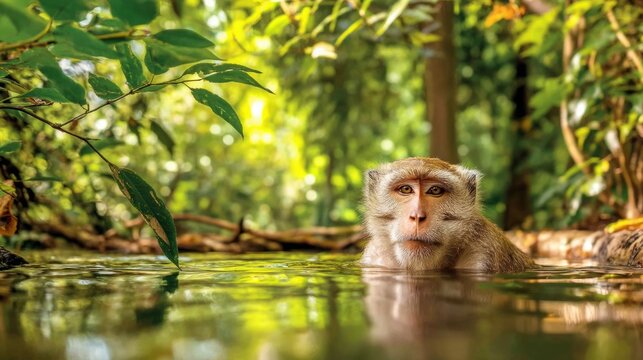 Monkey Curiously Looking Into Reflective Pool of Water in Nature