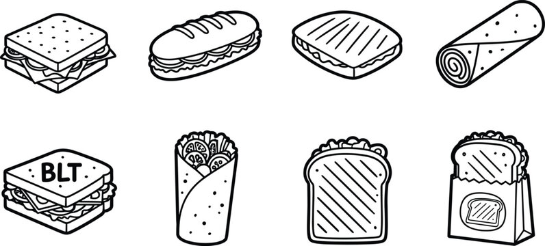 Sandwich and Wrap Food Icon Set &mdash; Sub Sandwich, Panini, BLT, Burrito Wrap, and Toast Outline Icon