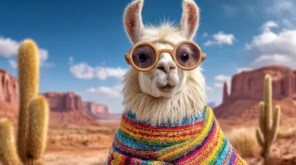 Fototapeta premium Stylish llama dressed in colorful poncho and round glasses in desert