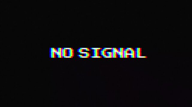 Capturing a Classic Retro Television Error Screen Featuring 'No Signal' Message with Glitch Effect and Distorted Visuals, a Concept of Digital Disruption and Broadcast Interruption