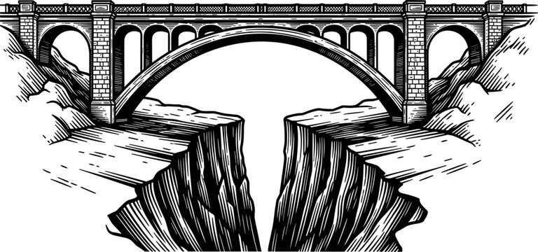 An old brick bridge spans a deep chasm with a large archway